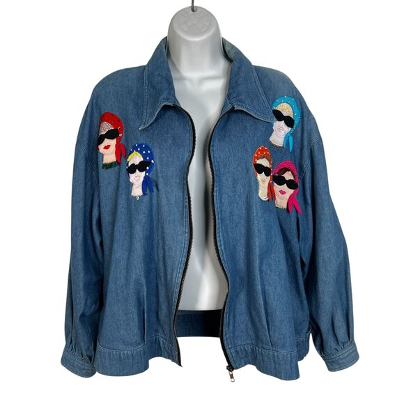 Vintage Denim Zip Up with Lady Appliqué CC Sportswear 80s Pin-Up 50s Retro Large - Picture 8 of 15